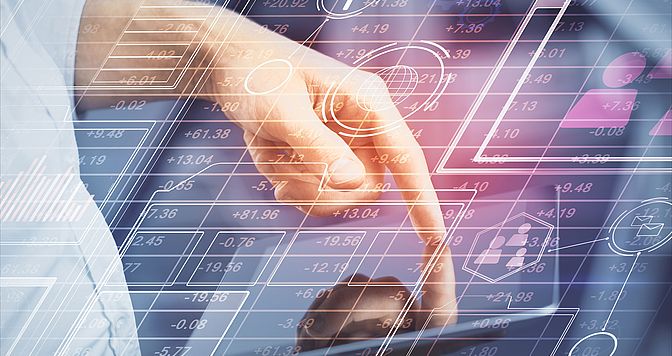 Double exposure of man's hand holding and using a digital device and data theme hologram drawing. Technology concept.