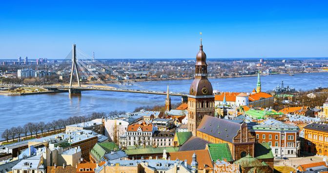 Panoramic view of the city of Riga, Latvia from the height of the tower Church of St. Peter (St. Peter's Church, Petrikirche)